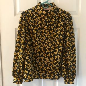vintage yellow + black bow print blouse